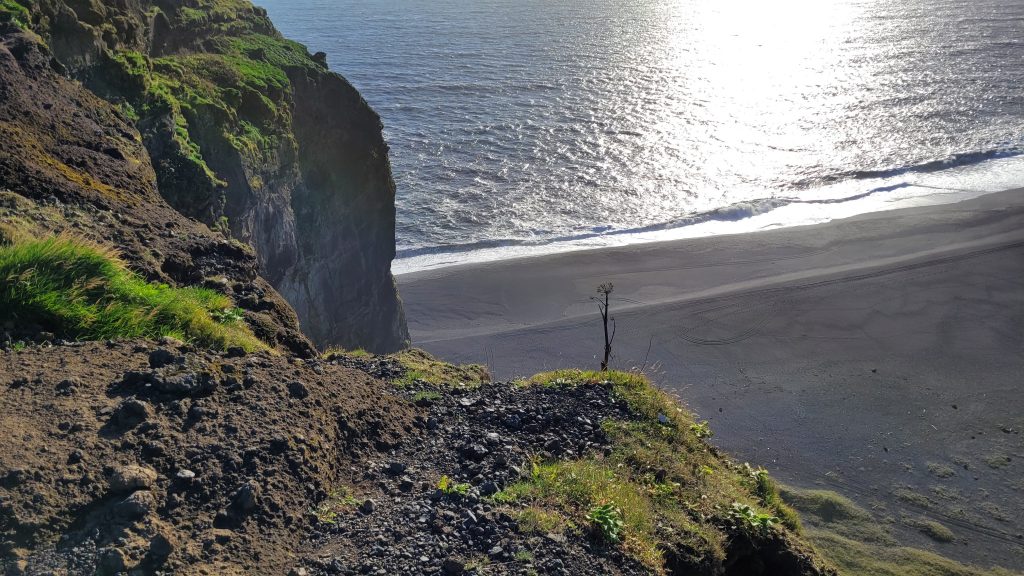 looking down on black sand beaches with sun-touched ocean