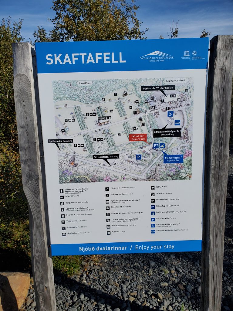 Map of Skaftafell campground, parking lot, and visitor's center.