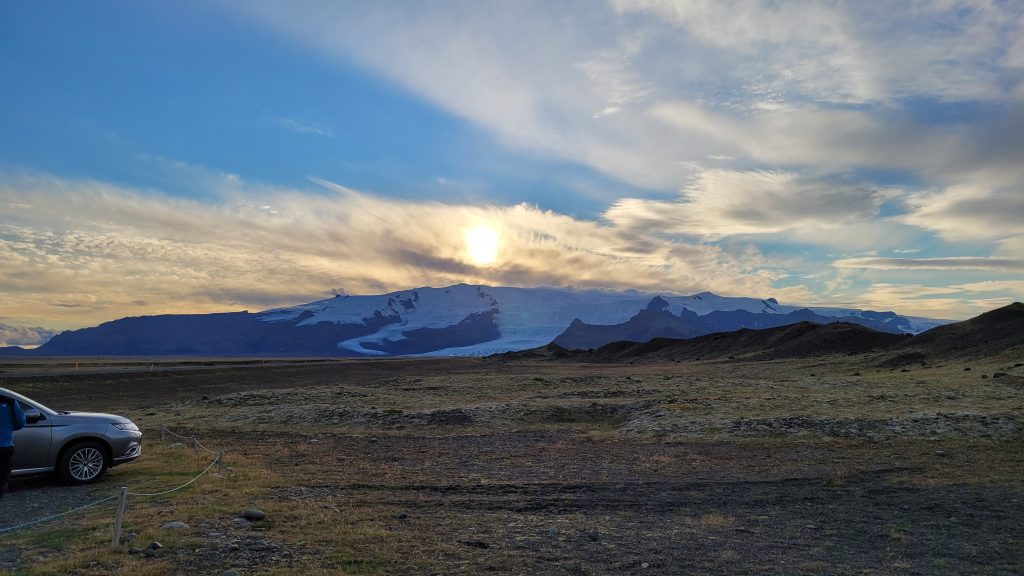 glacier in the distance from the parking lot.