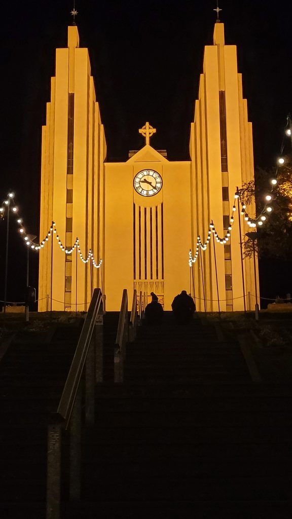 church on a hill at night