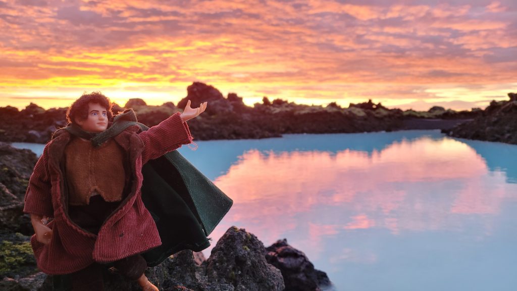 Frodo doll with waters and volcanic rocks