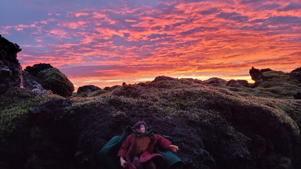 Frodo among the rocks with a sunset