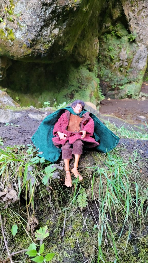 frodo doll on a rock with moss