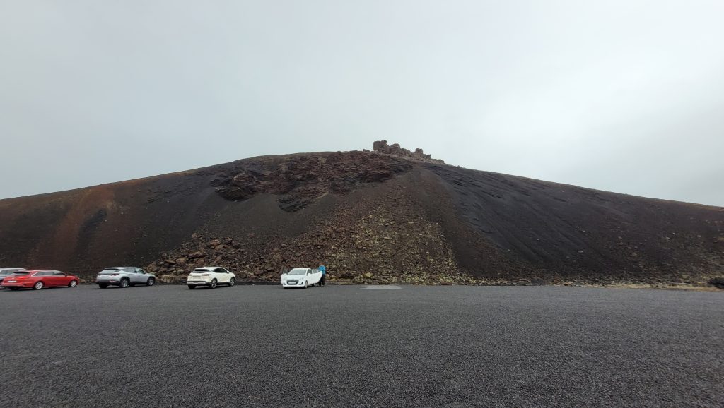 volcano above a parking lot