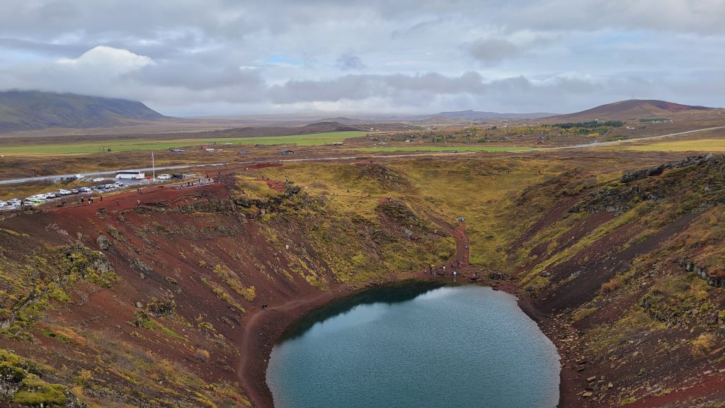 Looking into a lake at the bottom of a crater